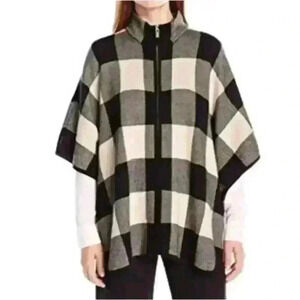 Jones New York Black Cream Buffalo Plaid Full Zip Poncho Size S/M